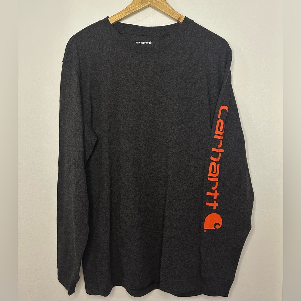 NWOT Mens Carhartt Long Sleeve Tshirt Relaxed Fit Dark Gray Orange Sz S